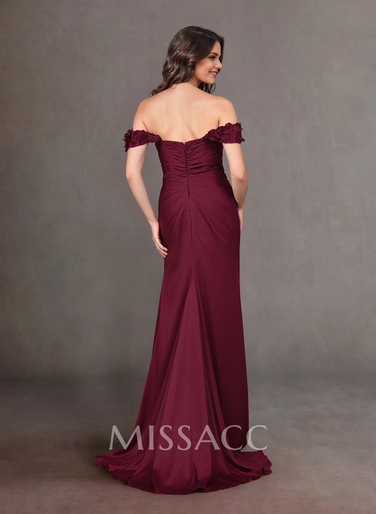 Elegant Ruched Off-The-Shoulder Floral Ruffle Silk Like Satin Mother Of The Bride Dresses
