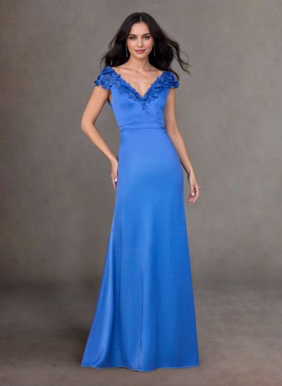 Elegant A-Line V-Neck Cap Straps Lace Satin Mother Of The Bride Dresses