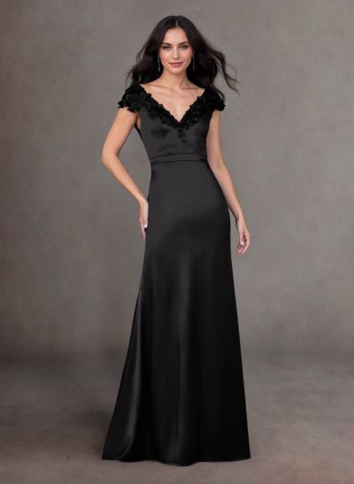 Elegant A-Line V-Neck Cap Straps Lace Satin Mother Of The Bride Dresses