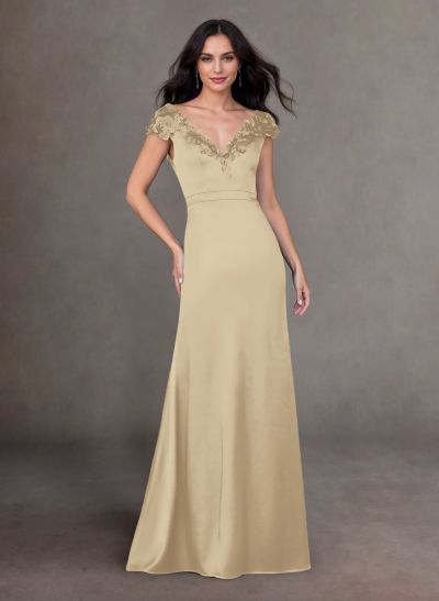 Elegant A-Line V-Neck Cap Straps Lace Satin Mother Of The Bride Dresses