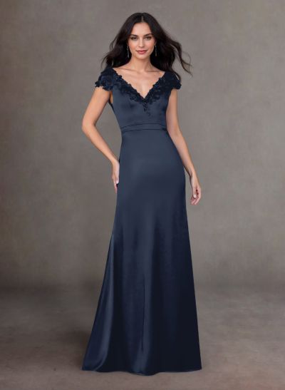 Elegant A-Line V-Neck Cap Straps Lace Satin Mother Of The Bride Dresses