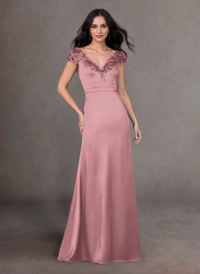 Elegant A-Line V-Neck Cap Straps Lace Satin Mother Of The Bride Dresses