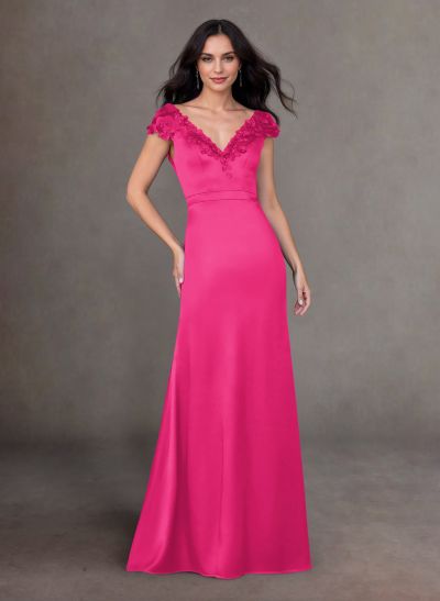 Elegant A-Line V-Neck Cap Straps Lace Satin Mother Of The Bride Dresses