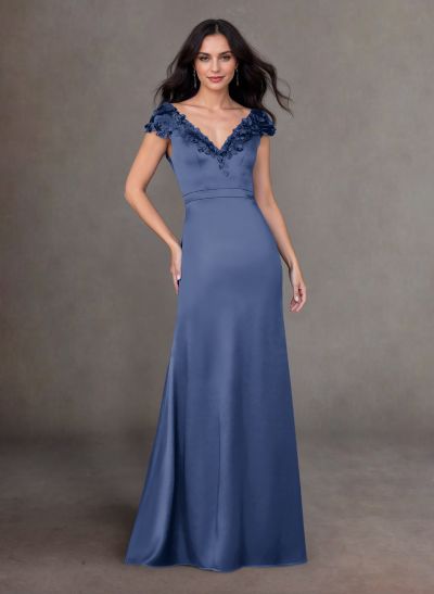 Elegant A-Line V-Neck Cap Straps Lace Satin Mother Of The Bride Dresses