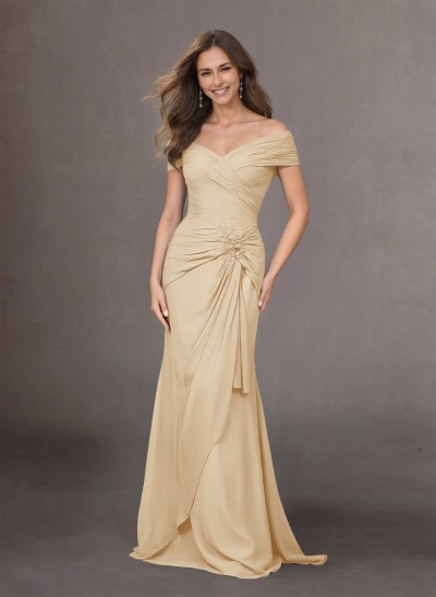 Flattering Ruched Wrap Off Shoulder Ruffled Waist Mother Of The Bride Dresses