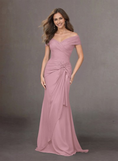 Flattering Ruched Wrap Off Shoulder Ruffled Waist Mother Of The Bride Dresses