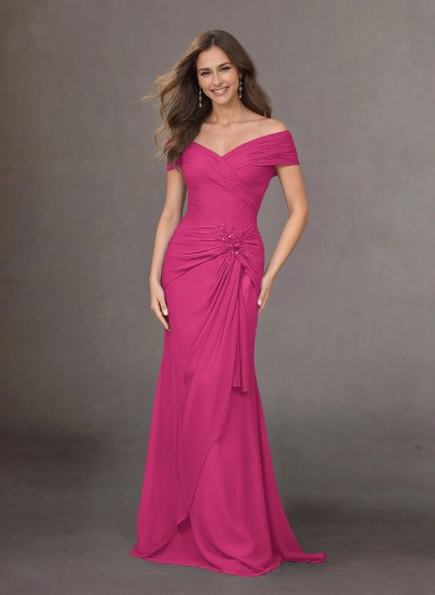 Flattering Ruched Wrap Off Shoulder Ruffled Waist Mother Of The Bride Dresses