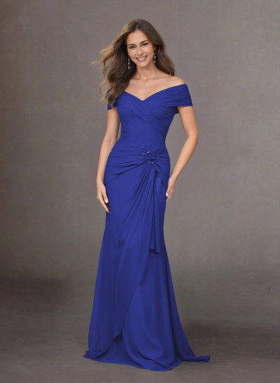 Flattering Ruched Wrap Off Shoulder Ruffled Waist Mother Of The Bride Dresses