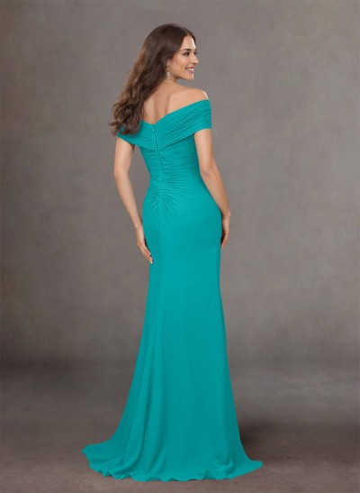 Flattering Ruched Wrap Off Shoulder Ruffled Waist Mother Of The Bride Dresses