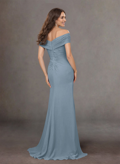 Flattering Ruched Wrap Off Shoulder Ruffled Waist Mother Of The Bride Dresses