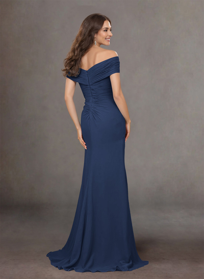 Flattering Ruched Wrap Off Shoulder Ruffled Waist Mother Of The Bride Dresses