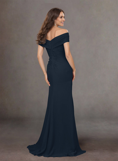 Flattering Ruched Wrap Off Shoulder Ruffled Waist Mother Of The Bride Dresses