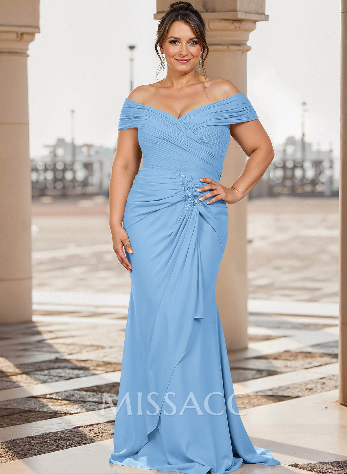 Flattering Ruched Wrap Off Shoulder Ruffled Waist Mother Of The Bride Dresses