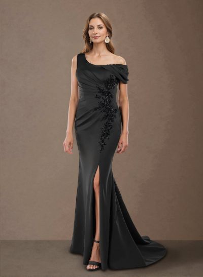 Flattering One-Shoulder Ruffled Floral Embroidered Waist Silk Like Satin Mother Of The Bride Dresses With High Split