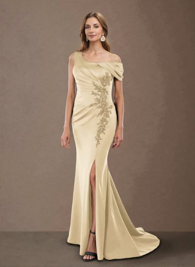 Flattering One-Shoulder Ruffled Floral Embroidered Waist Silk Like Satin Mother Of The Bride Dresses With High Split