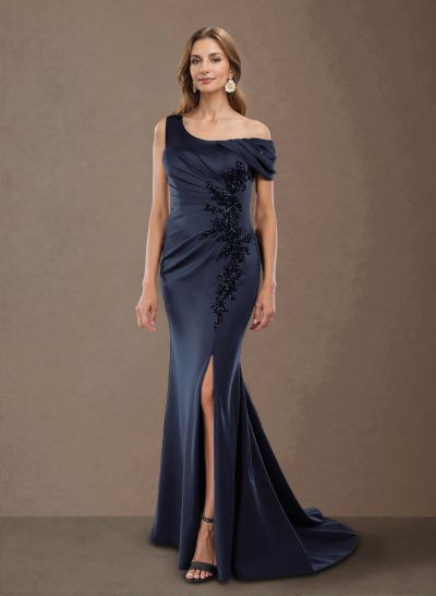 Flattering One-Shoulder Ruffled Floral Embroidered Waist Silk Like Satin Mother Of The Bride Dresses With High Split