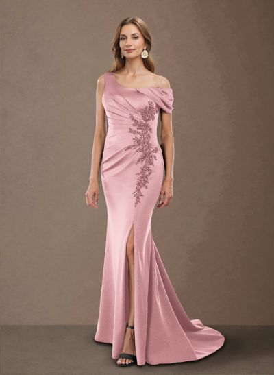 Flattering One-Shoulder Ruffled Floral Embroidered Waist Silk Like Satin Mother Of The Bride Dresses With High Split