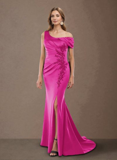 Flattering One-Shoulder Ruffled Floral Embroidered Waist Silk Like Satin Mother Of The Bride Dresses With High Split