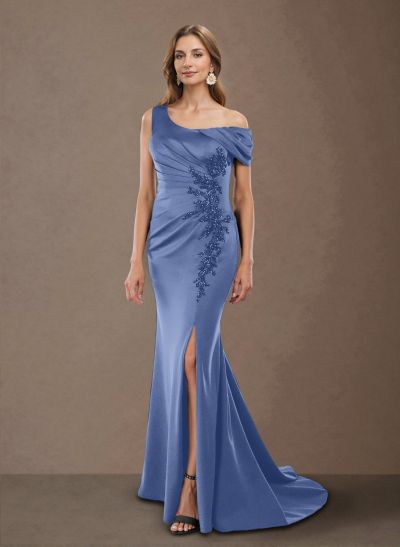 Flattering One-Shoulder Ruffled Floral Embroidered Waist Silk Like Satin Mother Of The Bride Dresses With High Split