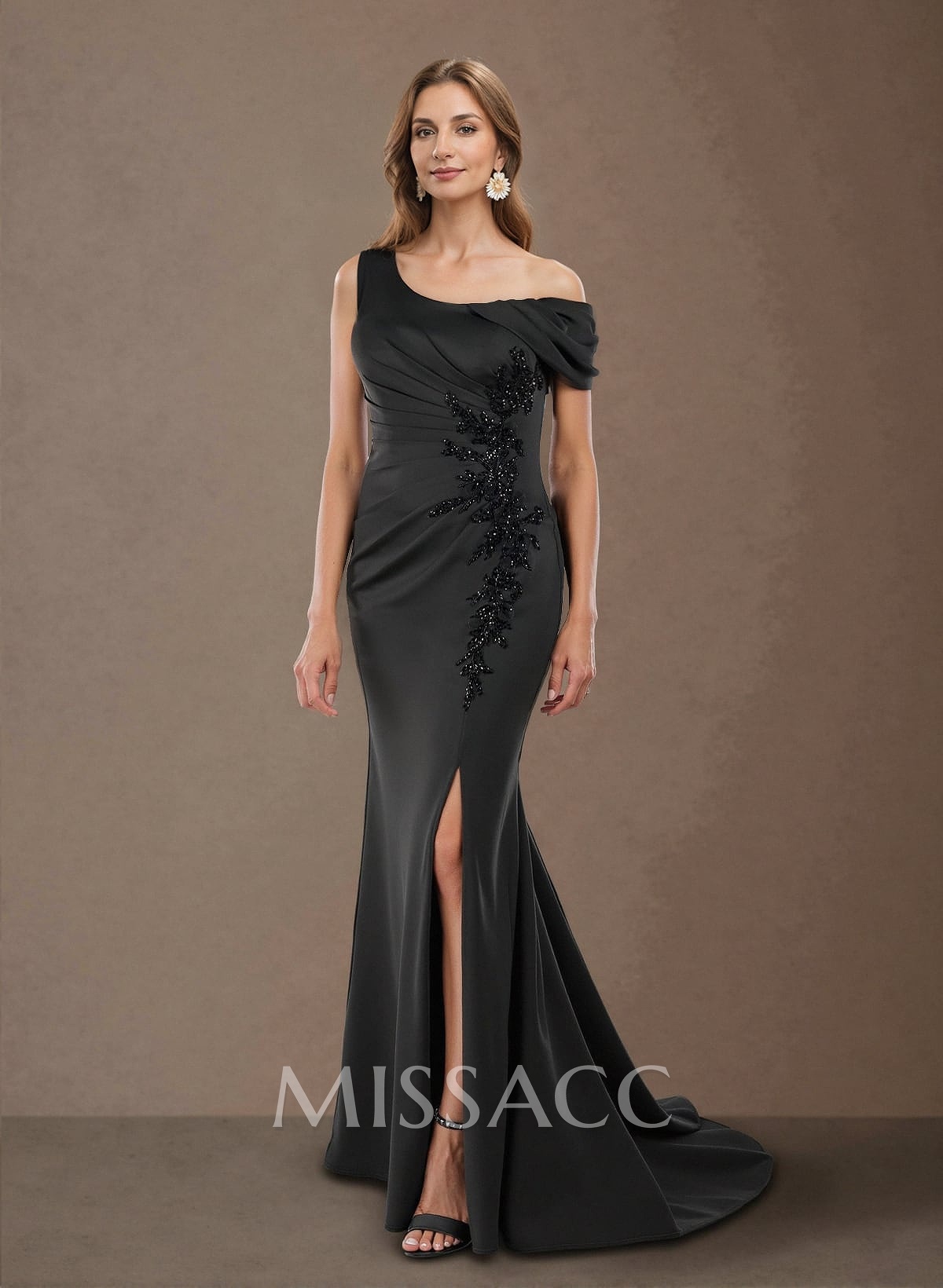 Flattering One-Shoulder Ruffled Floral Embroidered Waist Silk Like Satin Mother Of The Bride Dresses With High Split