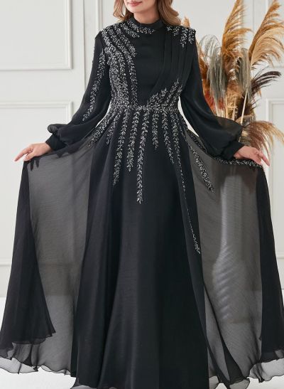 Elegant A-Line High Neck Long Sleeves Chiffon Mother Of The Bride Dresses With Sequins