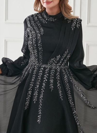 Elegant A-Line High Neck Long Sleeves Chiffon Mother Of The Bride Dresses With Sequins