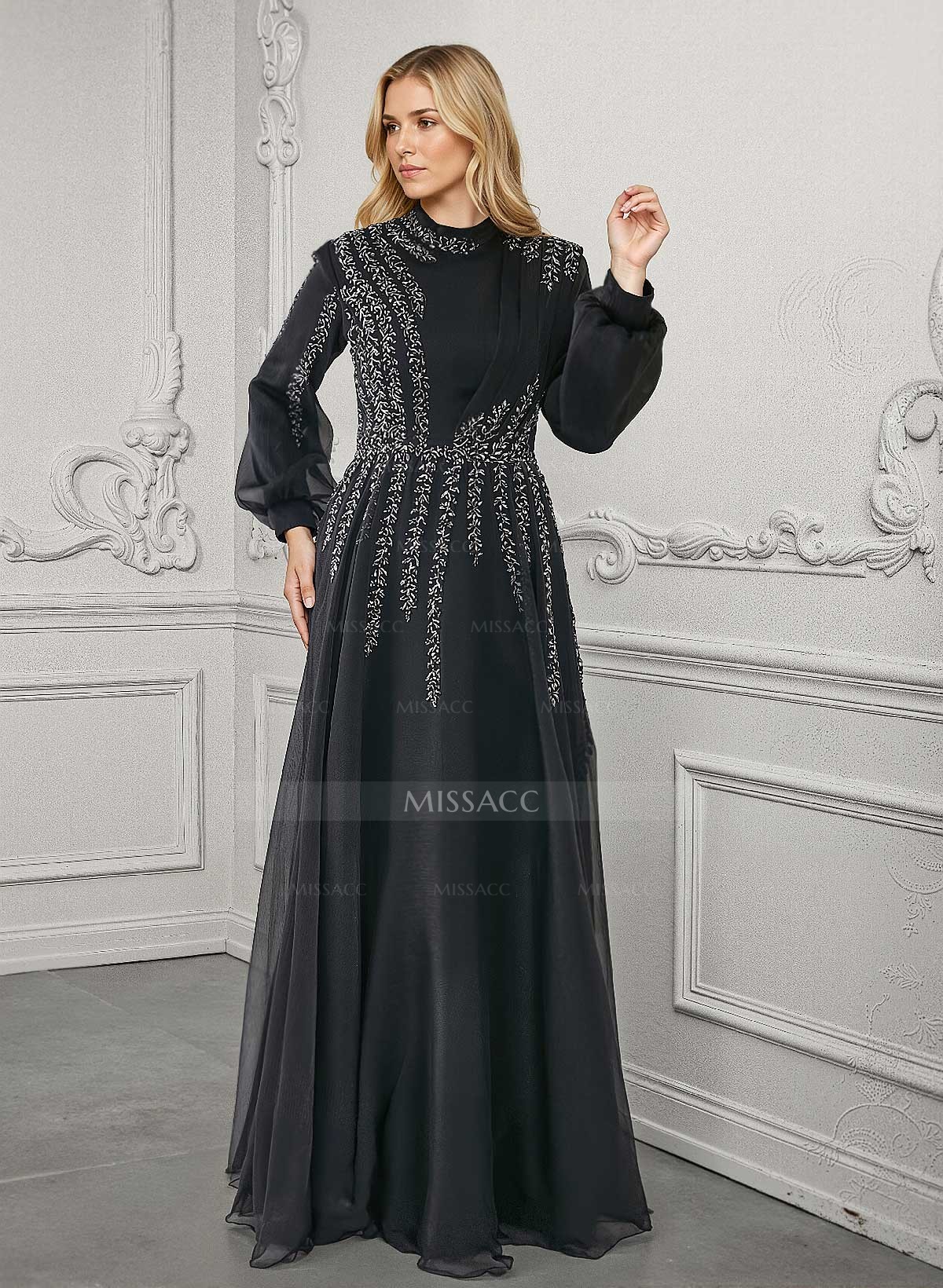 Elegant A-Line High Neck Long Sleeves Chiffon Mother Of The Bride Dresses With Sequins