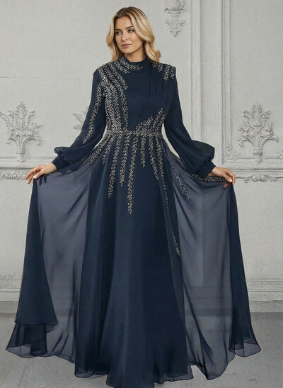 Elegant A-Line High Neck Long Sleeves Chiffon Mother Of The Bride Dresses With Sequins