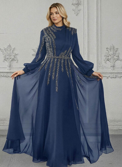 Elegant A-Line High Neck Long Sleeves Chiffon Mother Of The Bride Dresses With Sequins