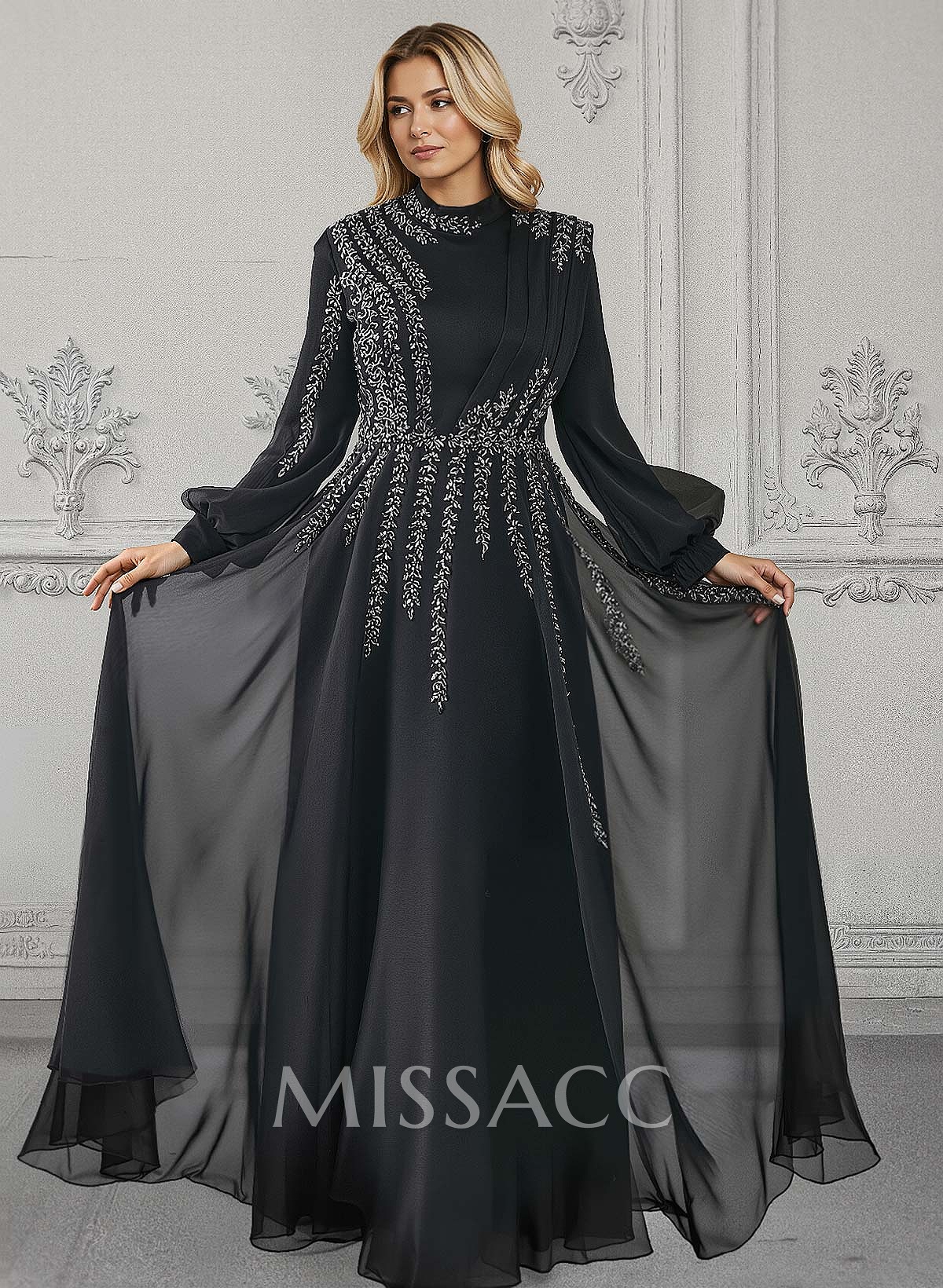 Elegant A-Line High Neck Long Sleeves Chiffon Mother Of The Bride Dresses With Sequins Elegant A-Line High Neck Long Sleeves Chiffon Mother Of The Bride Dresses With Sequins