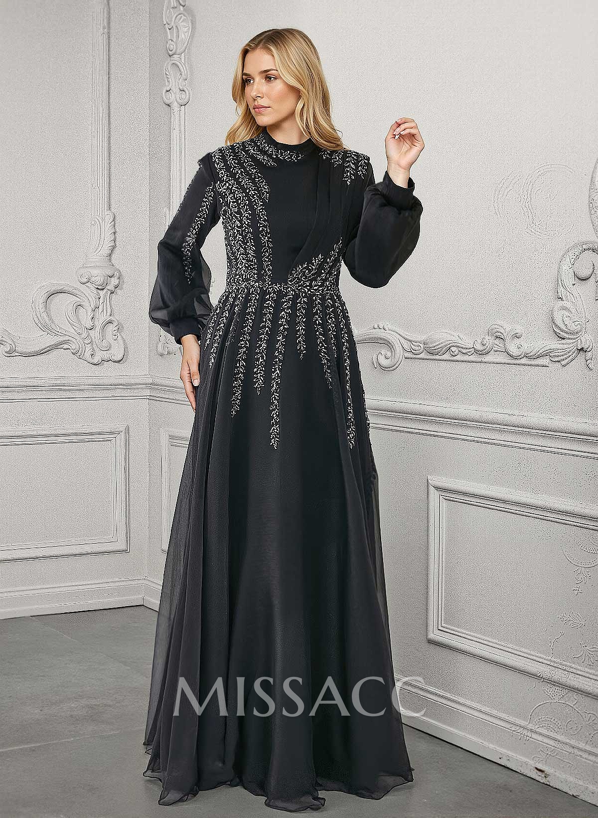 Elegant A-Line High Neck Long Sleeves Chiffon Mother Of The Bride Dresses With Sequins Elegant A-Line High Neck Long Sleeves Chiffon Mother Of The Bride Dresses With Sequins