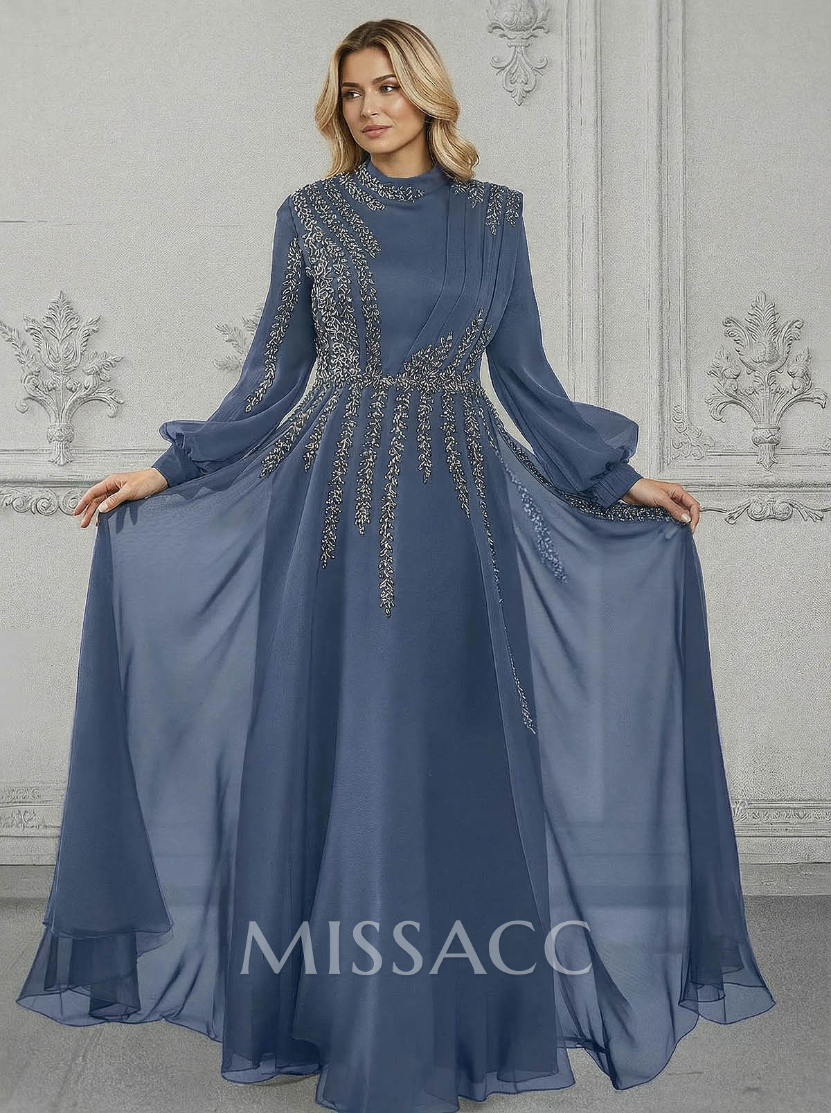 Elegant A-Line High Neck Long Sleeves Chiffon Mother Of The Bride Dresses With Sequins Elegant A-Line High Neck Long Sleeves Chiffon Mother Of The Bride Dresses With Sequins