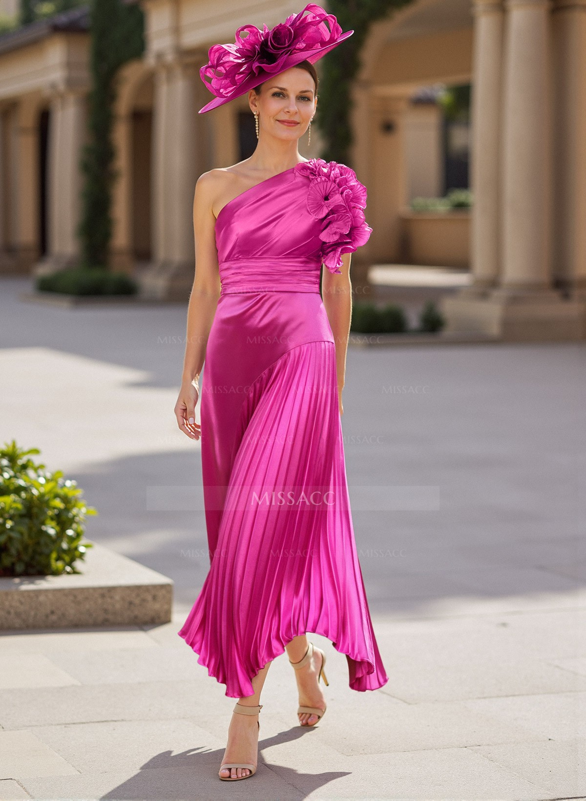 Classic One-Shoulder Ruched Mother Of The Bride Dresses With Ruffled Floral