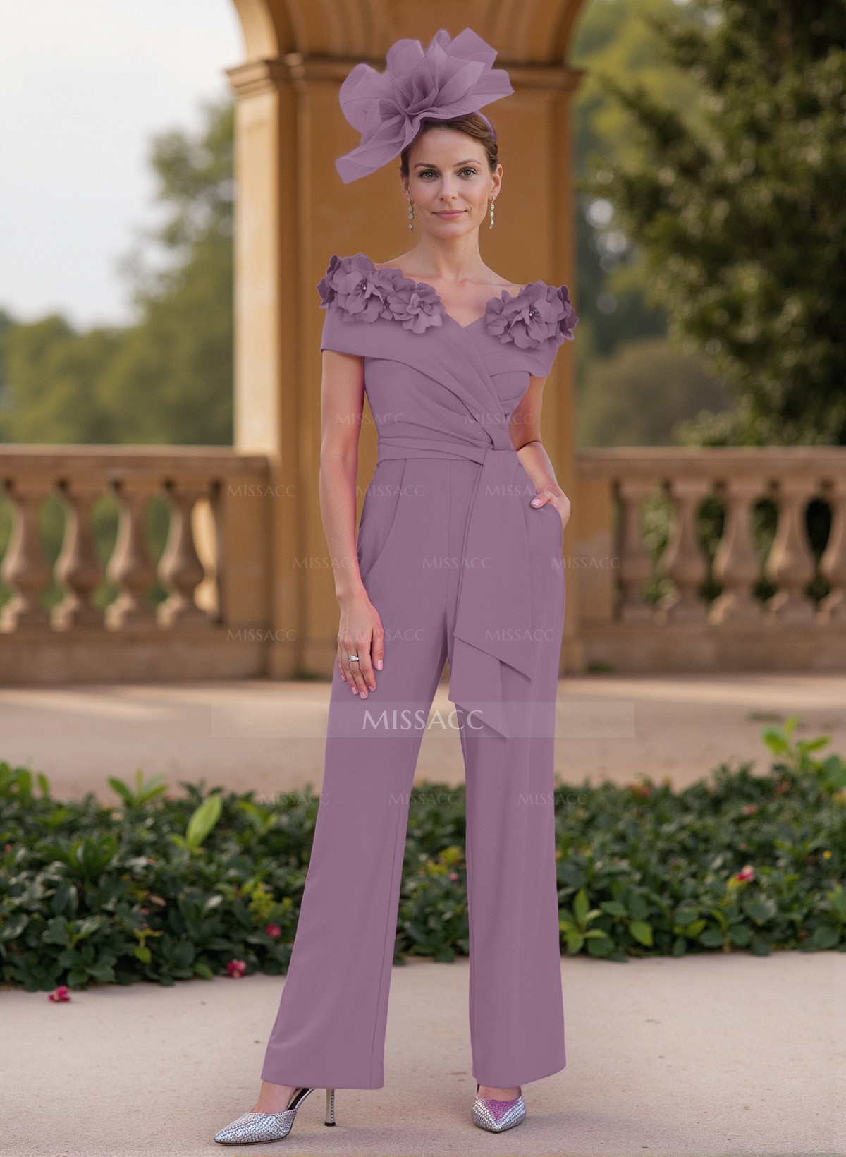 独特の上品 Bride The Of Mother Chiffon Off-The-Shoulder Jumpsuit/Pantsuit Classy  Floral 3D With Dresses サロペット・オーバーオール・オールインワン