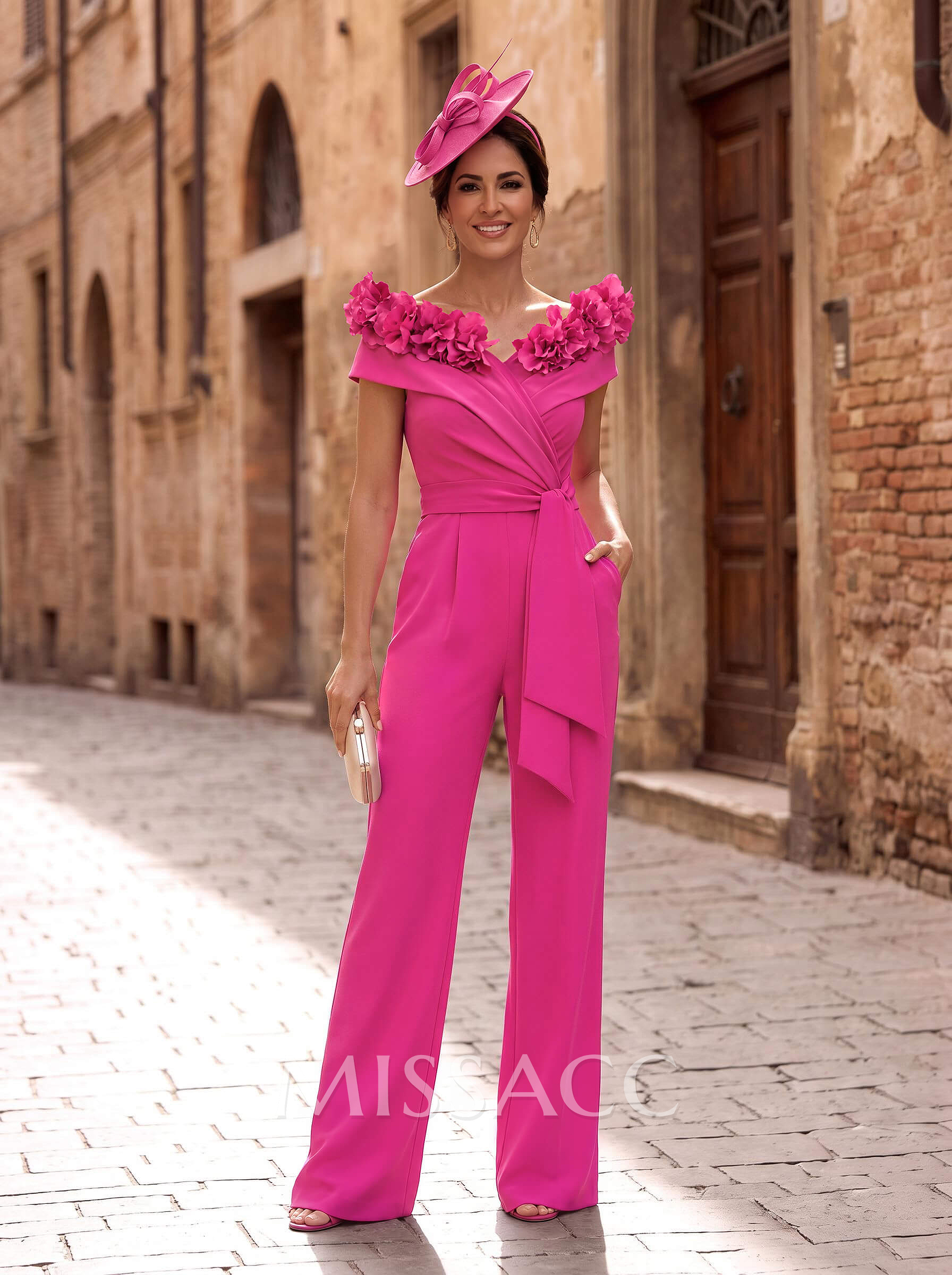 Classy Jumpsuit/Pantsuit Off-The-Shoulder Chiffon Mother Of The Bride Dresses With 3D Floral