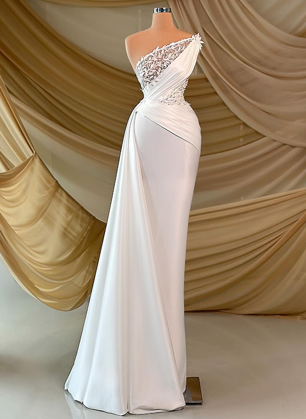 Elegant One-Shoulder Floor-Length Satin Prom Dresses With Lace/Sweeping Side Drape