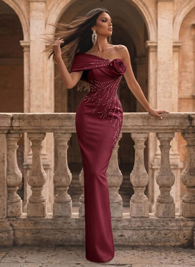 Classic Off-The-Shoulder Satin Prom Dresses With Sequins/Flower(s)
