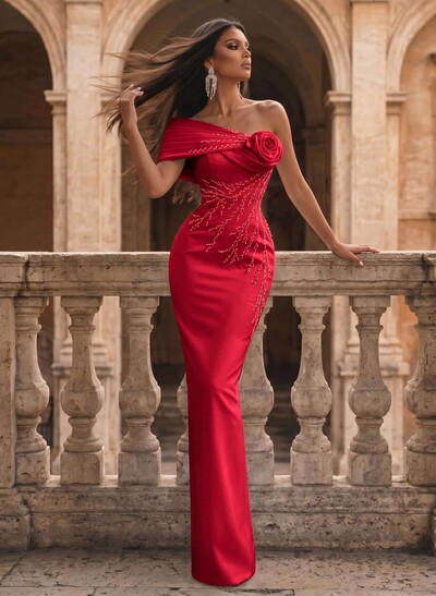 Classic Off-The-Shoulder Satin Prom Dresses With Sequins/Flower(s)