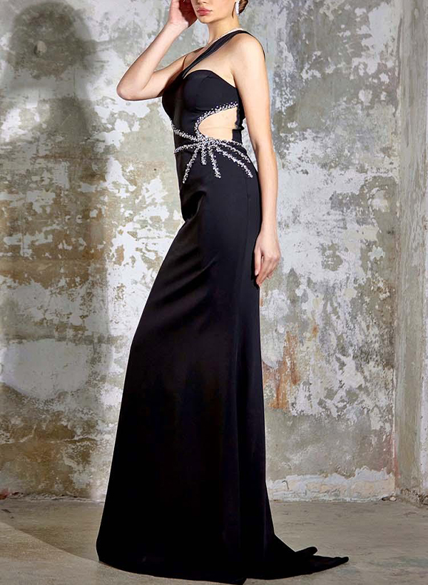 Bedazzled Curve One-Shoulder Outcut On Waist Elastic Satin Prom Dresses