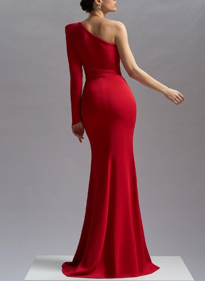 Flattering One-Shoulder Outcut Elastic Satin Prom Dresses With High Split