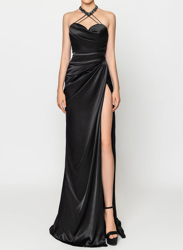 Sexy Halter Ruched Waist Silk Like Satin Prom Dresses With High Split