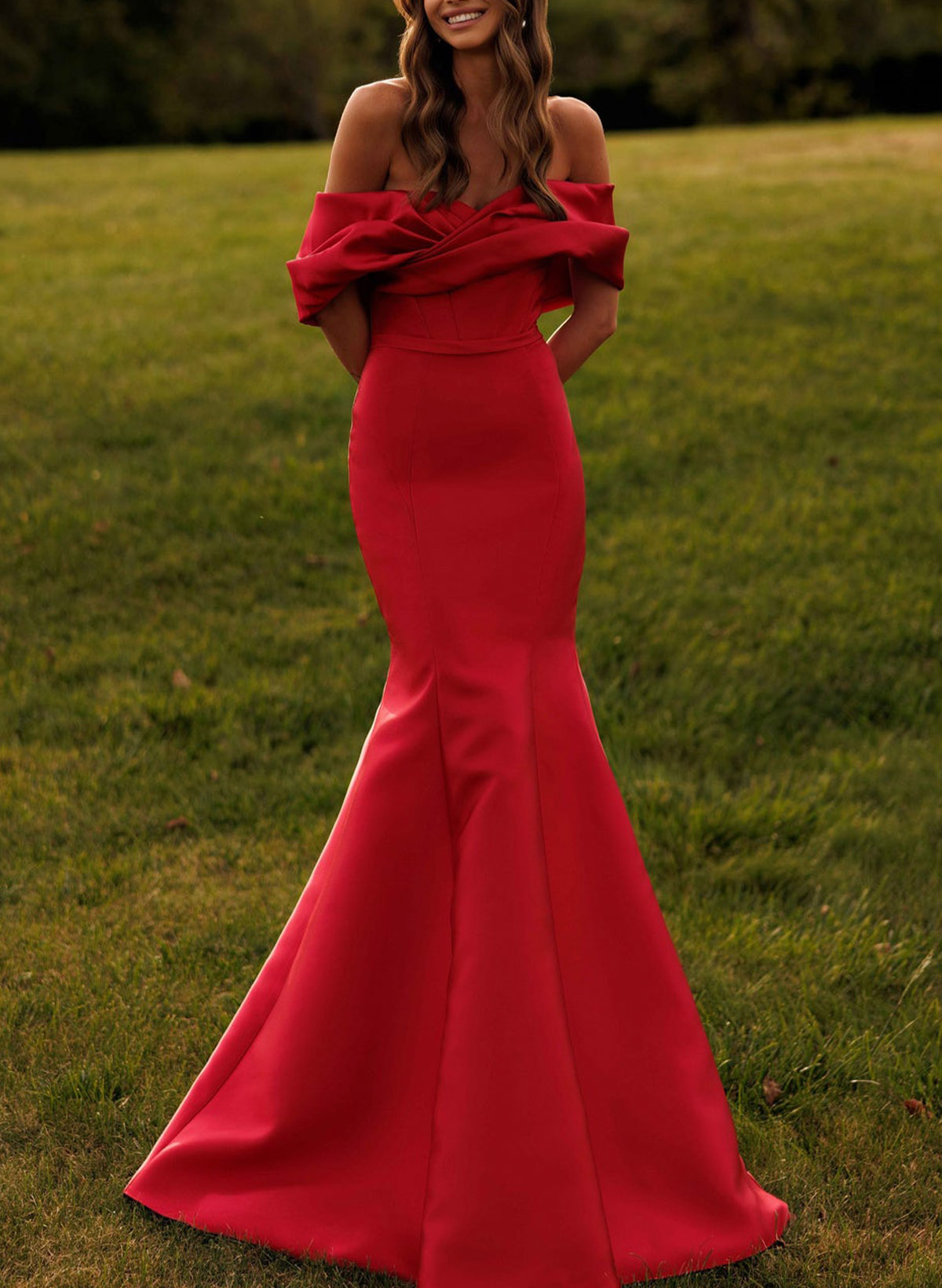 Seductive And Modest Trumpet Puffy Off-The-Shoulder Satin Prom Dresses