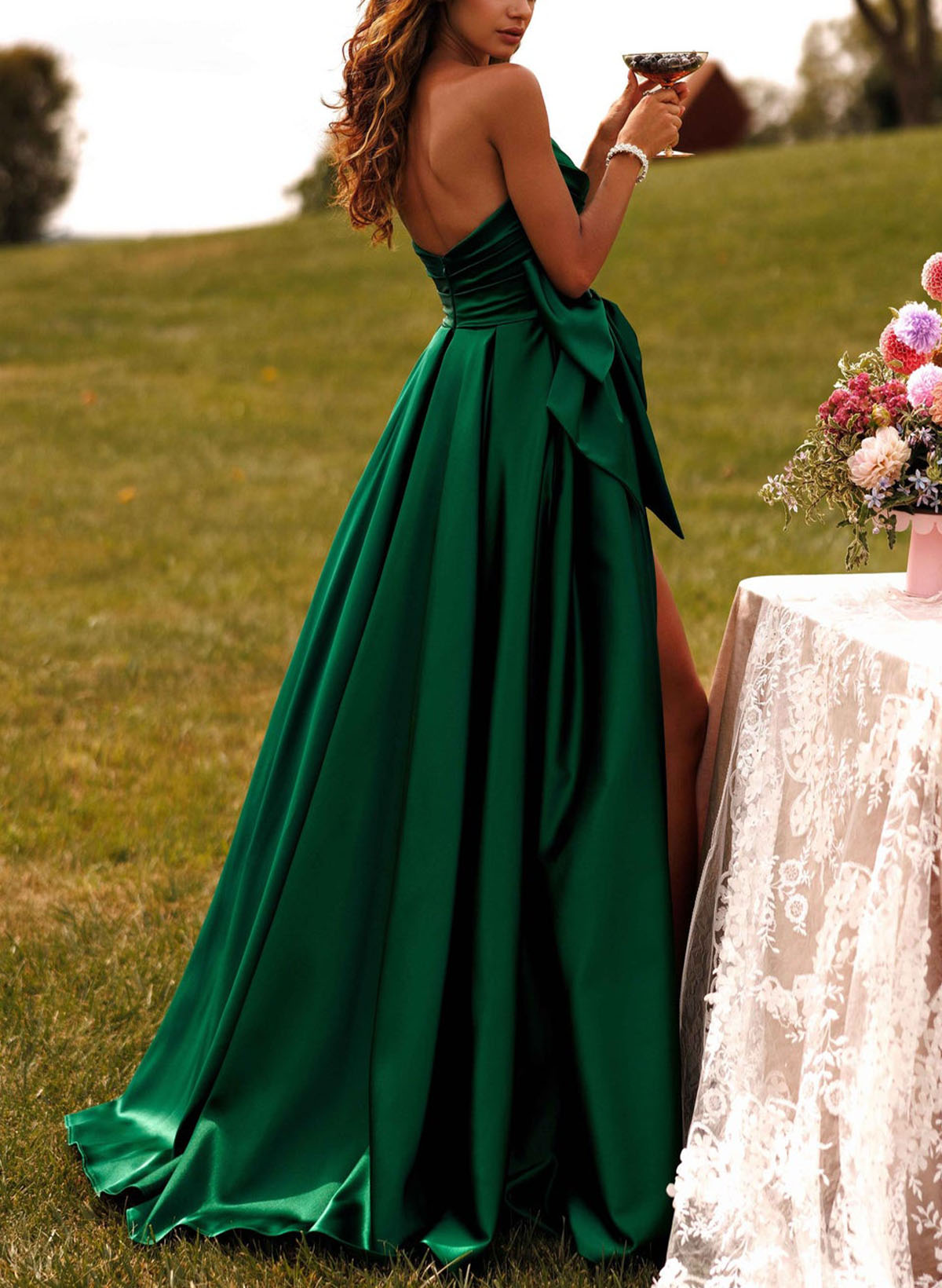 Unique A-Line Bow Accented Satin Prom Dresses With High Split