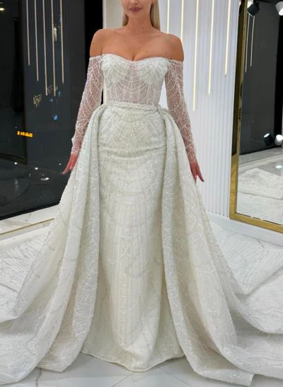 Dreamy Sparkle Semi Sheer LIlusion Sleeves Off-The-Shoulder Wedding Dresses With Overskirt