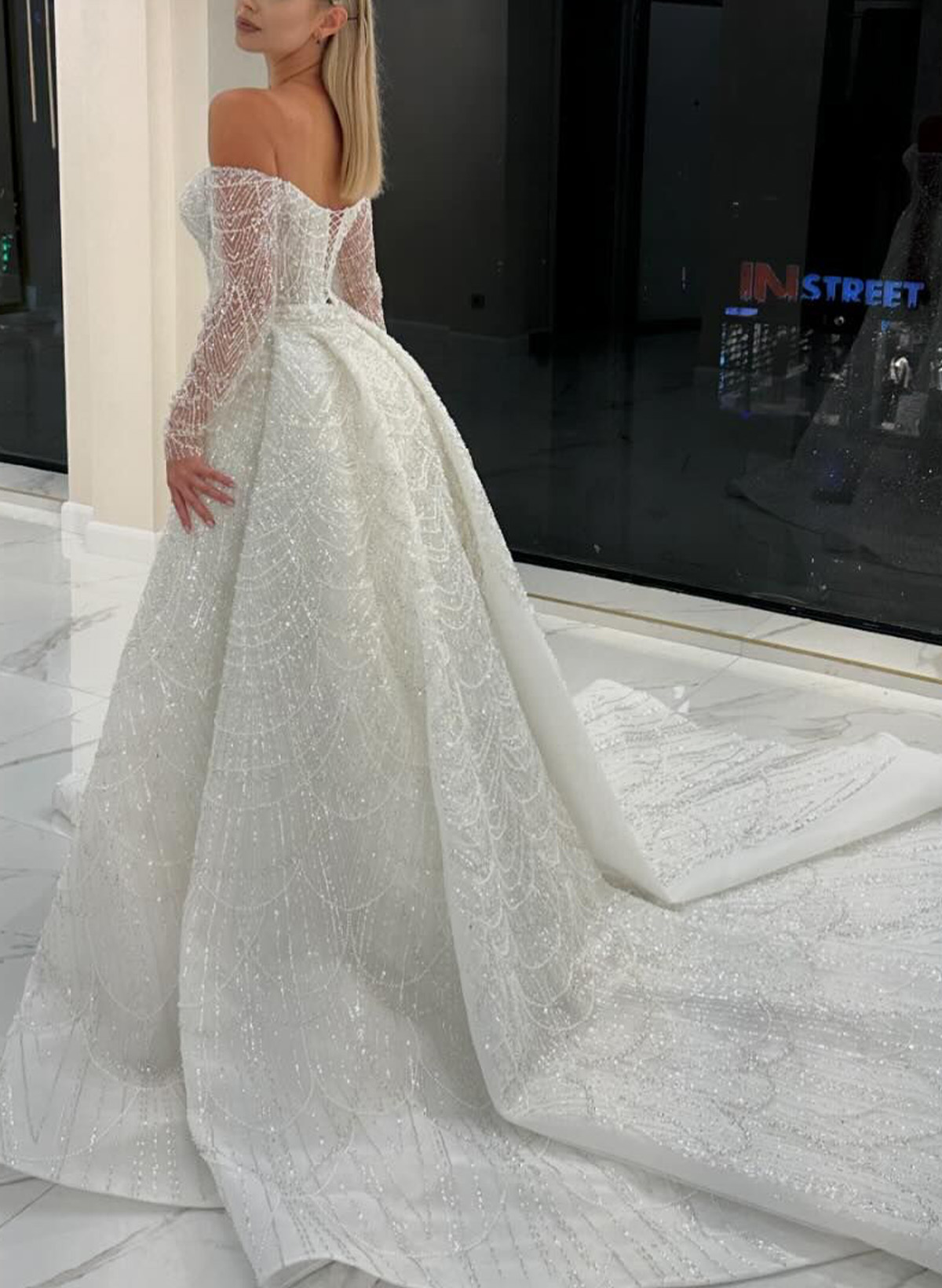 Dreamy Sparkle Semi Sheer LIlusion Sleeves Off-The-Shoulder Wedding Dresses With Overskirt