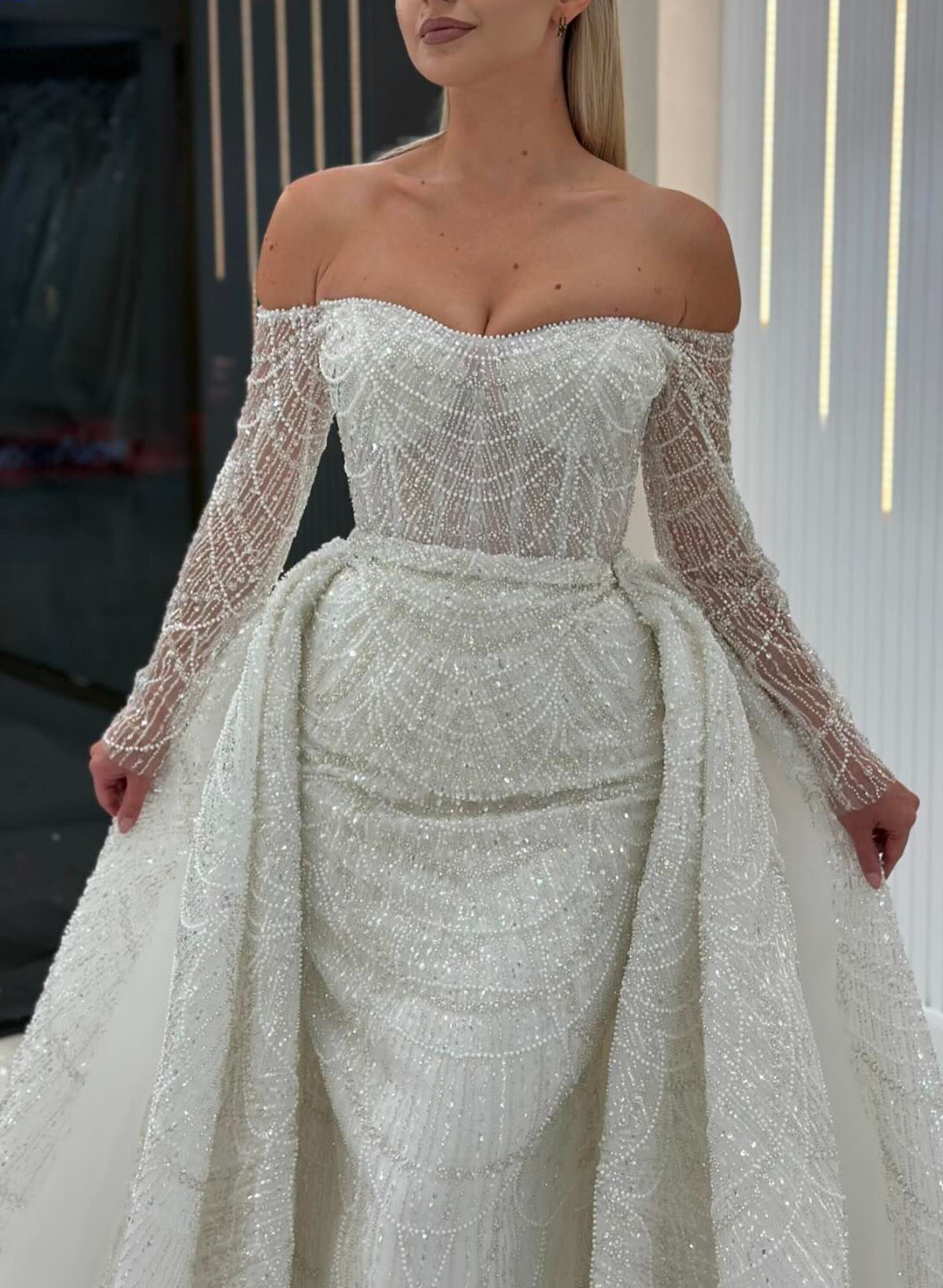 Dreamy Sparkle Semi Sheer LIlusion Sleeves Off-The-Shoulder Wedding Dresses With Overskirt