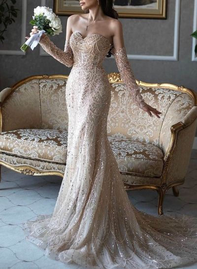 Fitted Glitter Trumpet Beaded Sweetheart Detachable Sleeves Wedding Dresses With Lace Up Back