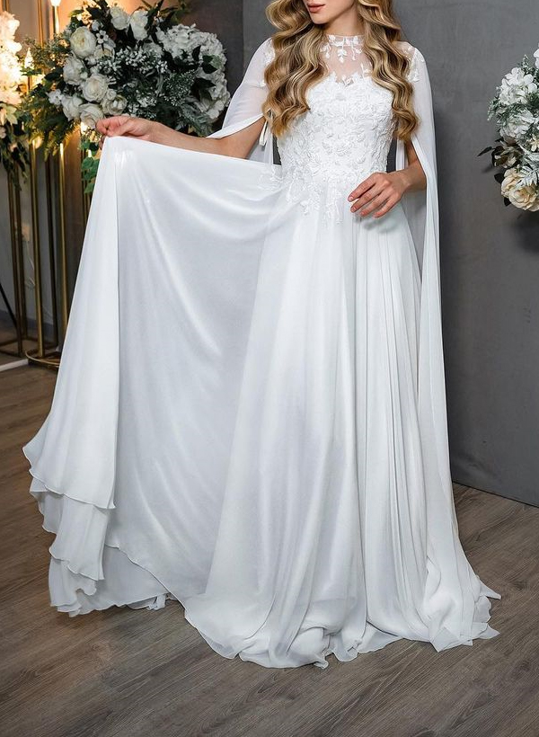 Sweet & Flow A-Line Illusion Lace Scoop Neck Chiffon Wedding Dresses