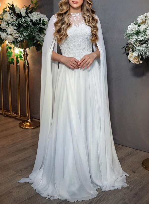 Sweet & Flow A-Line Illusion Lace Scoop Neck Chiffon Wedding Dresses