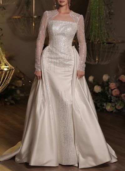 Luxury Sequins Illusion Neck Long Sleeves Overskirt Satin Wedding Dresses